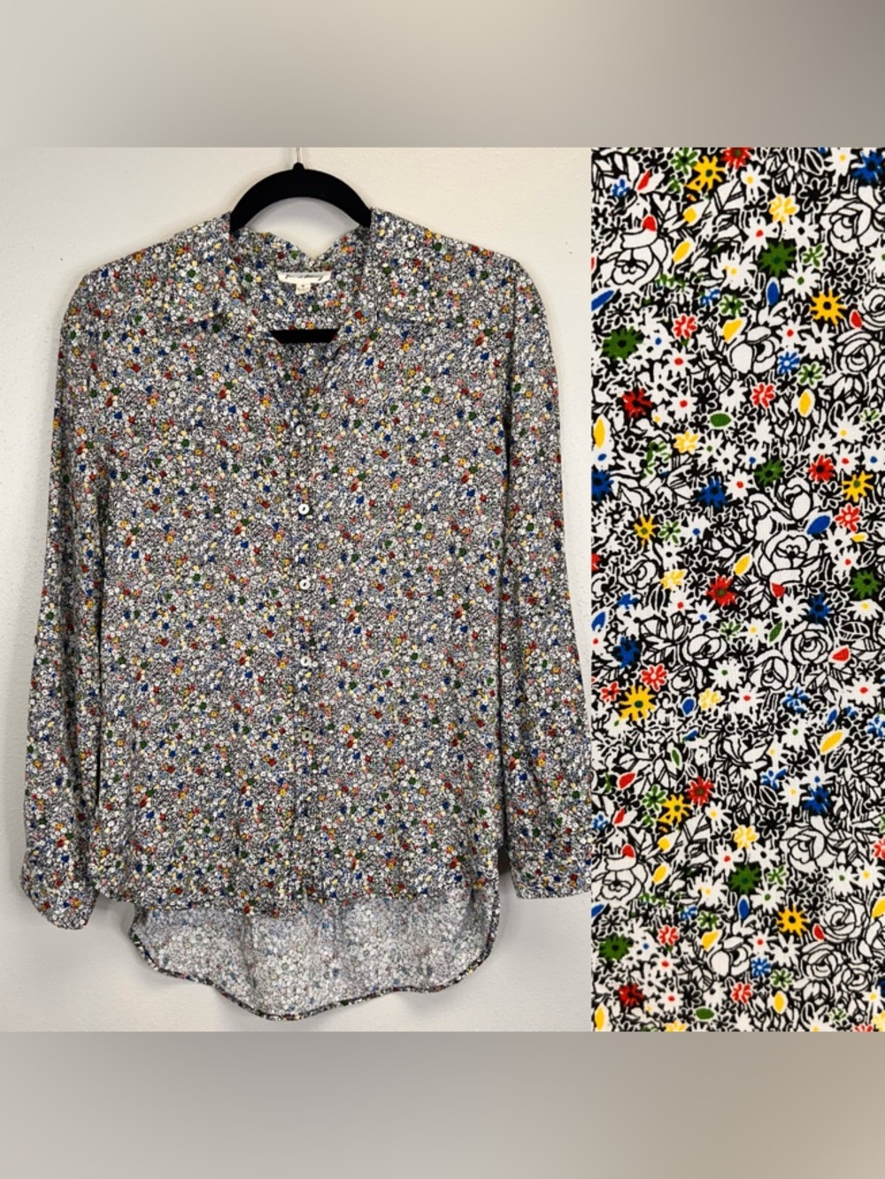 Floral Blouse Multicolor Button Up Career Spring Summer Lightweight Casual Work